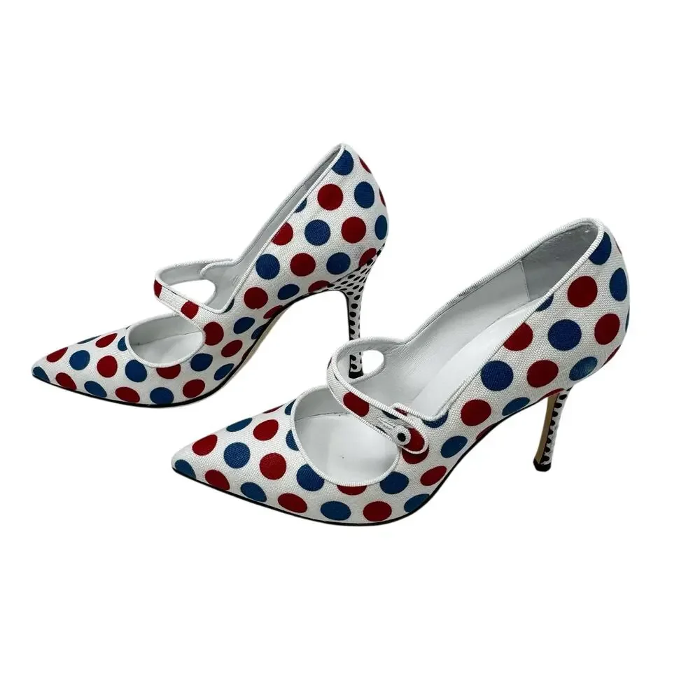 Manolo Blahnik Campari Polka Dot Linen Mary Jane Pumps 36 US 6 Heels Box 105mm